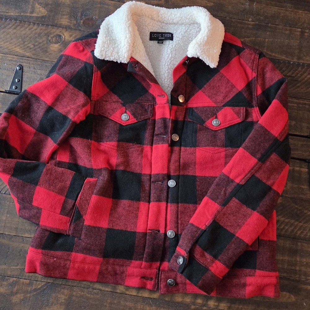 Love Tree  Plaid  Jacket with Sherpa Collar